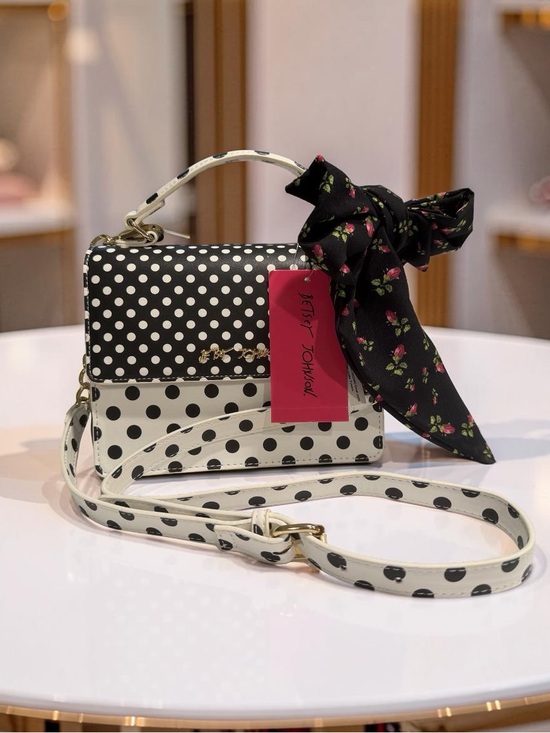 Betsey Johnson Handbags - Betsey Johnson NWT Black & White Polka Dot Crossbody with Floral Bow (P244)